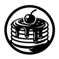 Black and white illustration of stack of pancakes with cherry and syrup in circle. vector