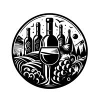 Monochromatic Wine Circle Vineyard Scene with Bottles, Glass, Grapes, Mountains, and Birds in Elegant Black and White . vector