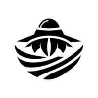 Abstract black and white featuring a stylized flower or eyelike shape, with a hat or UFO , evoking a sense of simplicity. vector