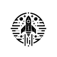 Black and white illustration of a rocket ship taking off within a circular frame, surrounded by stars, planets, and stylized smoke. vector