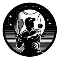 Silhouette of a Tennis Player with Racket Inside a Black Circular Frame with Starry Background, Sporting Theme. vector