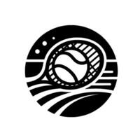 Black and White Tennis Emblem A Minimalist, Circular with a Racket, Ball, and Lines. vector