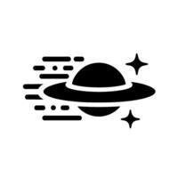 Stylized black and white illustration of a UFO in motion with starshaped elements against a white background. vector