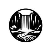 Circular Black and White Minimalist Landscape Depicting a Waterfall, River, Cliffs, and Sparse Foliage. vector