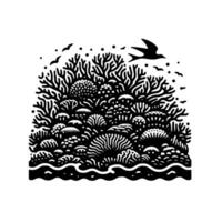 Stylized black and white illustration of a coral reef teeming with various coral formations, with birds flying above the waves. vector