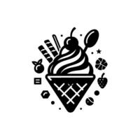 Black and white illustration of an ice cream cone with swirling soft serve, various toppings, and other sweet treats. vector