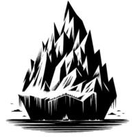 A stark black and white depicting a colossal iceberg, its jagged peaks mirroring icy stalactites, with a tiny sailboat. vector