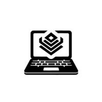 Minimalist black laptop with a layered pyramid or data visualization on its screen, set against a white background. vector