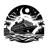 Silhouette of a cruise ship under a crescent moon, framed by starry night, palm trees, coastal setting, and stylized waves, in black and white. vector