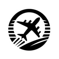 Aviation Emblem Black and White Silhouette of Airplane Taking Off Inside a Circular Frame, Depicting Movement Travel. vector