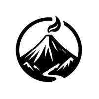 A stylized black and white featuring a mountain silhouette with a smoking volcano, encircled and featuring a river or path. vector