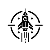 Bold monochrome illustration of a stylized rocket ship taking off, centered within a targetlike circle and scattered dots on a white background. vector