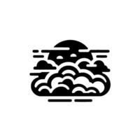 Silhouette depiction of the sun partially hidden by layered clouds, minimalistic in black and white. vector