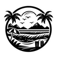 Tranquil Beach Scene Silhouette Palm Trees, Mountains, Waves, Umbrella, Birds, Refreshments Within a Circle. vector