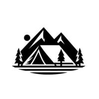 Black and white illustration of a campsite with tent, mountains, sun, and trees, evoking nature and adventure. vector