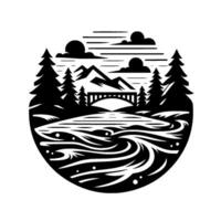 Black and White Circular Scenic Illustration Featuring Mountains, Bridge, River, Trees, and Clouds Nature Scene. vector