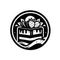 Elegant Black and White Circular Illustration of Layered Cake, Strawberries, and Scenic Elements. vector