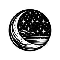 A stylized black and white circular illustration depicting a crescent moon, starry night sky over a stylized ocean scene. vector