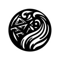 Intricate circular black and white geometric incorporating triangular shapes, organic waves, and stylized floral patterns, isolated. vector