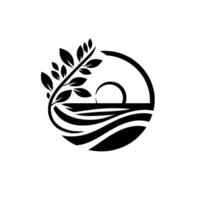 Abstract black and white naturethemed minimalist featuring a branch with leaves, sun, and wavy lines representing the sea. vector