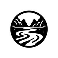 Minimalist circular emblem depicting a stylized black and white landscape, with mountains, a river, and sky in a clean, . vector
