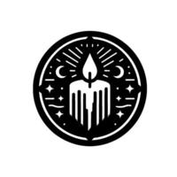 Intricate black and white circular emblem featuring a stylized candle surrounded by crescent moons, stars, and radiating lines, evoking a sense of mysticism. vector