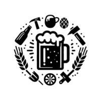 Circular black and white illustration of brewing tools and ingredients, centered around a foamy beer mug, creating a emblem. vector