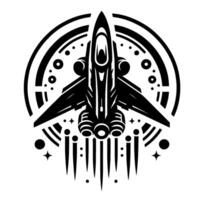 Bold black and white illustration of a futuristic spacecraft within a stylized circular frame, taking off with exhaust trails. vector