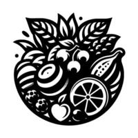A stylized black and white illustration featuring a diverse array of fruits, leaves, and berries arranged in a circular, ornamental composition. vector