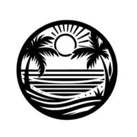 Silhouette of a Tropical Beach Scene in a Circle Palm Trees, Ocean, Sunset, and Sand in a Minimalist Style vector