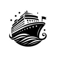 Black and white stylized illustration of a cruise ship sailing on stylized waves, featuring a flag and bubbles. vector