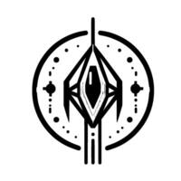 Geometric abstract black and grey spaceshiplike with a central jewel and celestial accents within a circular frame on white. vector