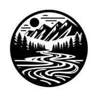 Black and white circular illustration of a mountain range, river, coniferous forest, sun, and clouds, showcasing a minimalist nature . vector