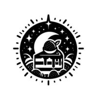 Celestial Dessert A Slice of Cake Adorned with a Strawberry Amidst a Starry Night and Crescent Moon, Symbolic Composition. vector