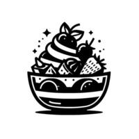 A stylized black and white illustration of a sundae overflowing with whipped cream, fruit, and a patterned bowl. vector