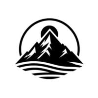 A monochrome mountain landscape featuring stylized peaks, a sun silhouette within a circle, and a water element at the base. vector