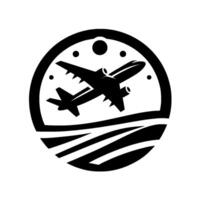 A monochrome aviation showcasing a stylized airplane soaring over stylized terrain, framed within a circular border with celestial dots. vector