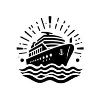 Monochromatic Cruise Ship Illustration on Wavy Sea with Starburst Effect, Anchor, and Minimalist vector