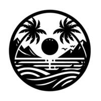 Silhouette of Tropical Paradise in Circular Frame Palm Trees, Mountains, Sun, and Ocean Scene in Black and White. vector