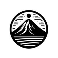 Monochromatic circular featuring stylized mountain, sun, water lines, and horizontal lines, evoking nature and adventure. vector