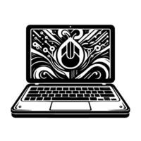 art laptop displaying an abstract power button formed of circuit board and technology. vector