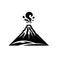 Minimalist black and white illustration of a triangular volcano erupting with stylized smoke and steam. vector