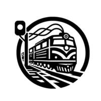 A stylized black and white illustration of a locomotive train, within a circular frame, with railway signal and tracks. vector
