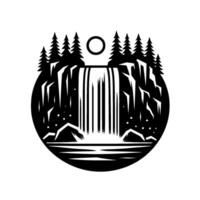 Monochrome minimalist scenic view A circular illustration featuring a cascading waterfall, pine trees atop rocky cliffs, and a celestial ring against white backdrop. vector