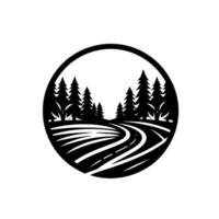 Black and white circular of a winding road through a forest of pine trees, representing travel and nature. vector