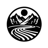 Monochromatic Circular Landscape Mountains, River, Sun, and Trees in a , Minimalist . vector