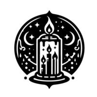 Elegant black and white candle illustration within an ornamental circular frame with stars, moons, and decorative elements. vector
