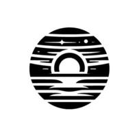 Celestial Eclipse Symbol Black and white minimalist artwork depicts an eclipse with a stylized crescent moon over a horizon in a circular composition. vector