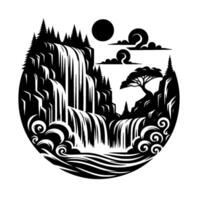 Serene Black and White Nature Scene Cascading Waterfall, Sun, Clouds, Trees, and Mountain in a Circle. vector