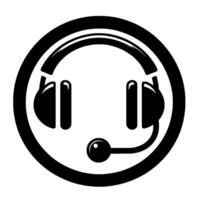 A minimalist black and white circular featuring a headset with a microphone, suggesting customer service or call center support. vector